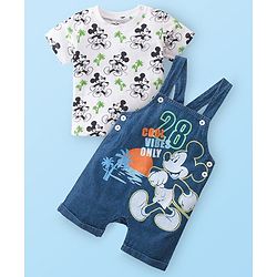 Babyhug Disney 100% Cotton Knit Dungaree & Half Sleeves T-Shirt With Mickey Mouse Print - White & Blue