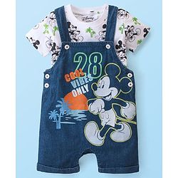 Babyhug Disney 100% Cotton Knit Dungaree & Half Sleeves T-Shirt With Mickey Mouse Print - White & Blue