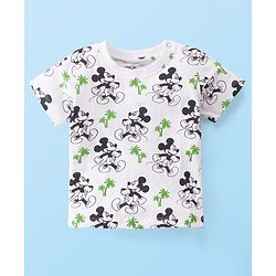 Babyhug Disney 100% Cotton Knit Dungaree & Half Sleeves T-Shirt With Mickey Mouse Print - White & Blue
