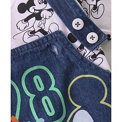 Babyhug Disney 100% Cotton Knit Dungaree & Half Sleeves T-Shirt With Mickey Mouse Print - White & Blue