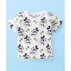 Babyhug Disney 100% Cotton Knit Dungaree & Half Sleeves T-Shirt With Mickey Mouse Print - White & Blue