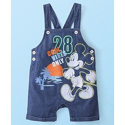 Babyhug Disney 100% Cotton Knit Dungaree & Half Sleeves T-Shirt With Mickey Mouse Print - White & Blue