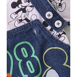 Babyhug Disney 100% Cotton Knit Dungaree & Half Sleeves T-Shirt With Mickey Mouse Print - White & Blue