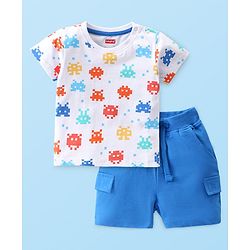 Babyhug Single Jersey Knit Half Sleeves Printed  T-Shirt & Shorts Set - White & Blue