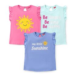 Babyhug Cotton Knit Frill Sleeves Top with Text Print Pack of 3 - Pink & Blue
