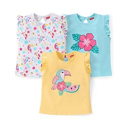 Babyhug Cotton Knit Frill Sleeves Top with Floral & Bird Print Pack of 3 - Multicolor