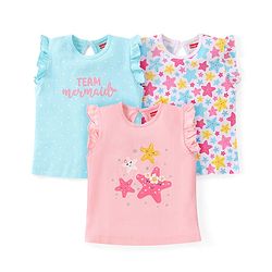 Babyhug Cotton Knit Frill Sleeves Top with Star & Text Print Pack of 3 - Multicolor