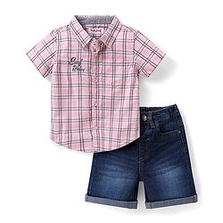 Babyhug Cotton Woven Half Sleeves Checks Shirt & Denim Shorts Set - Pink & Blue