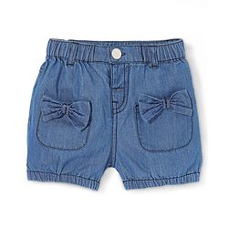 Babyhug Cotton Mid Thigh Denim Washed Shorts With Bow Applique - Dark Blue