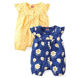 Babyhug 100% Cotton Knit Frill Sleeves Romper Floral & Heart Print Pack of 2 - Blue & Yellow