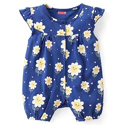 Babyhug 100% Cotton Knit Frill Sleeves Romper Floral & Heart Print Pack of 2 - Blue & Yellow