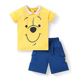 Babyhug Disney Single Jersey Knit Half Sleeves T-Shirt And Shorts Set With Winnie The Pooh Graphics - Yellow & Blue