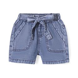 Babyhug Cotton Mid Thigh Washed Denim Shorts with Bow Detailing Solid Colour - Blue