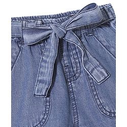 Babyhug Cotton Mid Thigh Washed Denim Shorts with Bow Detailing Solid Colour - Blue