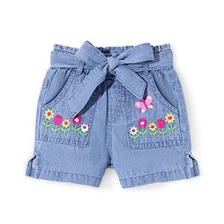 Babyhug Cotton Denim Mid Thigh Washed Shorts Floral Embroidery - Blue