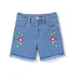 Babyhug Cotton Mid Thigh Denim Washed Shorts with Stretch Floral Embroidered - Blue