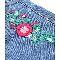 Babyhug Cotton Mid Thigh Denim Washed Shorts with Stretch Floral Embroidered - Blue