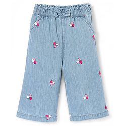 Babyhug Cotton Ankle Length Denim Culottes Floral Embroidered - Blue