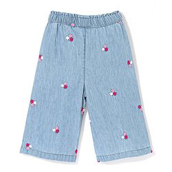 Babyhug Cotton Ankle Length Denim Culottes Floral Embroidered - Blue
