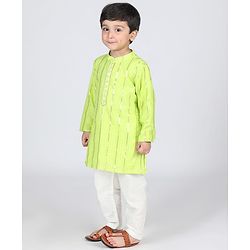 Babyhug Cotton Full Sleeves Striped Kurta Pyjama Set - Lime Green