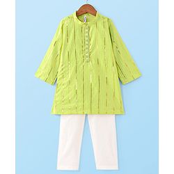Babyhug Cotton Full Sleeves Striped Kurta Pyjama Set - Lime Green