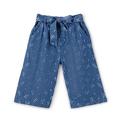 Babyhug Cotton Denim Ankle Length Floral Print Culottes with Bow Detailing - Blue
