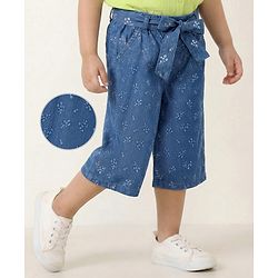 Babyhug Cotton Denim Ankle Length Floral Print Culottes with Bow Detailing - Blue