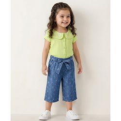Babyhug Cotton Denim Ankle Length Floral Print Culottes with Bow Detailing - Blue