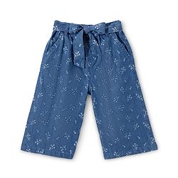 Babyhug Cotton Denim Ankle Length Floral Print Culottes with Bow Detailing - Blue