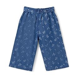 Babyhug Cotton Denim Ankle Length Floral Print Culottes with Bow Detailing - Blue