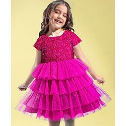 Babyhug Woven Half Sleeves Layered Party Dress with Floral Applique - Dark Pink