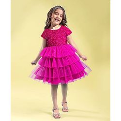Babyhug Woven Half Sleeves Layered Party Dress with Floral Applique - Dark Pink