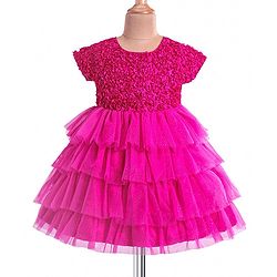Babyhug Woven Half Sleeves Layered Party Dress with Floral Applique - Dark Pink