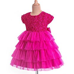 Babyhug Woven Half Sleeves Layered Party Dress with Floral Applique - Dark Pink