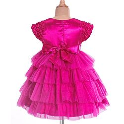 Babyhug Woven Half Sleeves Layered Party Dress with Floral Applique - Dark Pink