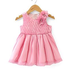 Babyhug Woven  Sleeveless Fit & Flare Party Frock with Floral Corsage - Pink