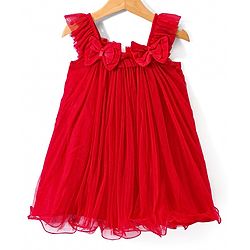 Babyhug Woven Frill Sleeves A Line Party Dress With Bow Applique - Red