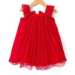 Babyhug Woven Frill Sleeves A Line Party Dress With Bow Applique - Red