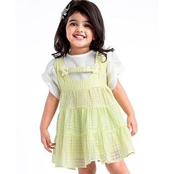 Babyhug Half Sleeves Party Frock with Floral Applique - Green & White