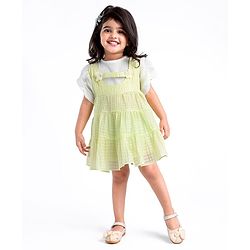 Babyhug Half Sleeves Party Frock with Floral Applique - Green & White