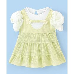 Babyhug Half Sleeves Party Frock with Floral Applique - Green & White