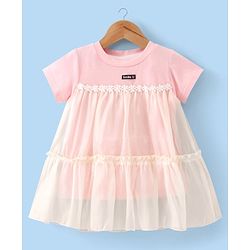 Babyhug Half Sleeves Party Frock with Floral Lace Detailing - Peach