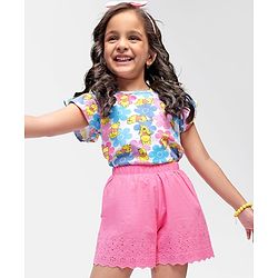 Babyhug Disney Single Jersey Knit Half Sleeves Top & Shorts Set with Floral & Winnie The Pooh Print - Multicolour