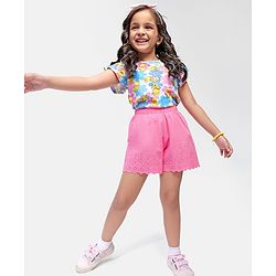 Babyhug Disney Single Jersey Knit Half Sleeves Top & Shorts Set with Floral & Winnie The Pooh Print - Multicolour