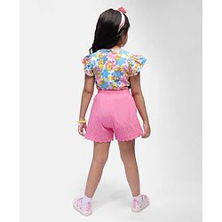 Babyhug Disney Single Jersey Knit Half Sleeves Top & Shorts Set with Floral & Winnie The Pooh Print - Multicolour