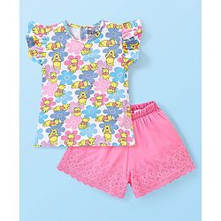 Babyhug Disney Single Jersey Knit Half Sleeves Top & Shorts Set with Floral & Winnie The Pooh Print - Multicolour