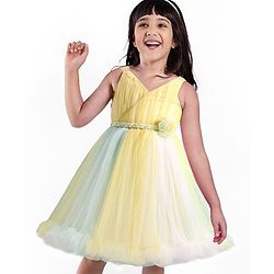 Babyhug Woven   Sleeveless Fit & Flared  Party Frock with Floral Corsage - Multicolour