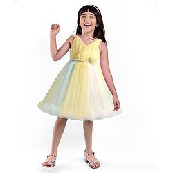 Babyhug Woven   Sleeveless Fit & Flared  Party Frock with Floral Corsage - Multicolour