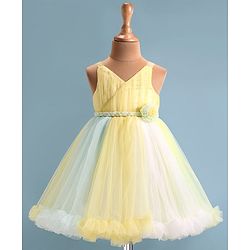 Babyhug Woven   Sleeveless Fit & Flared  Party Frock with Floral Corsage - Multicolour