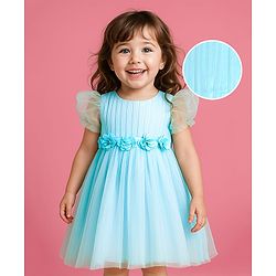 Babyhug Woven Half Puffed Fit & Flared Solid Colour Party Frock with Floral Applique - Light Blue